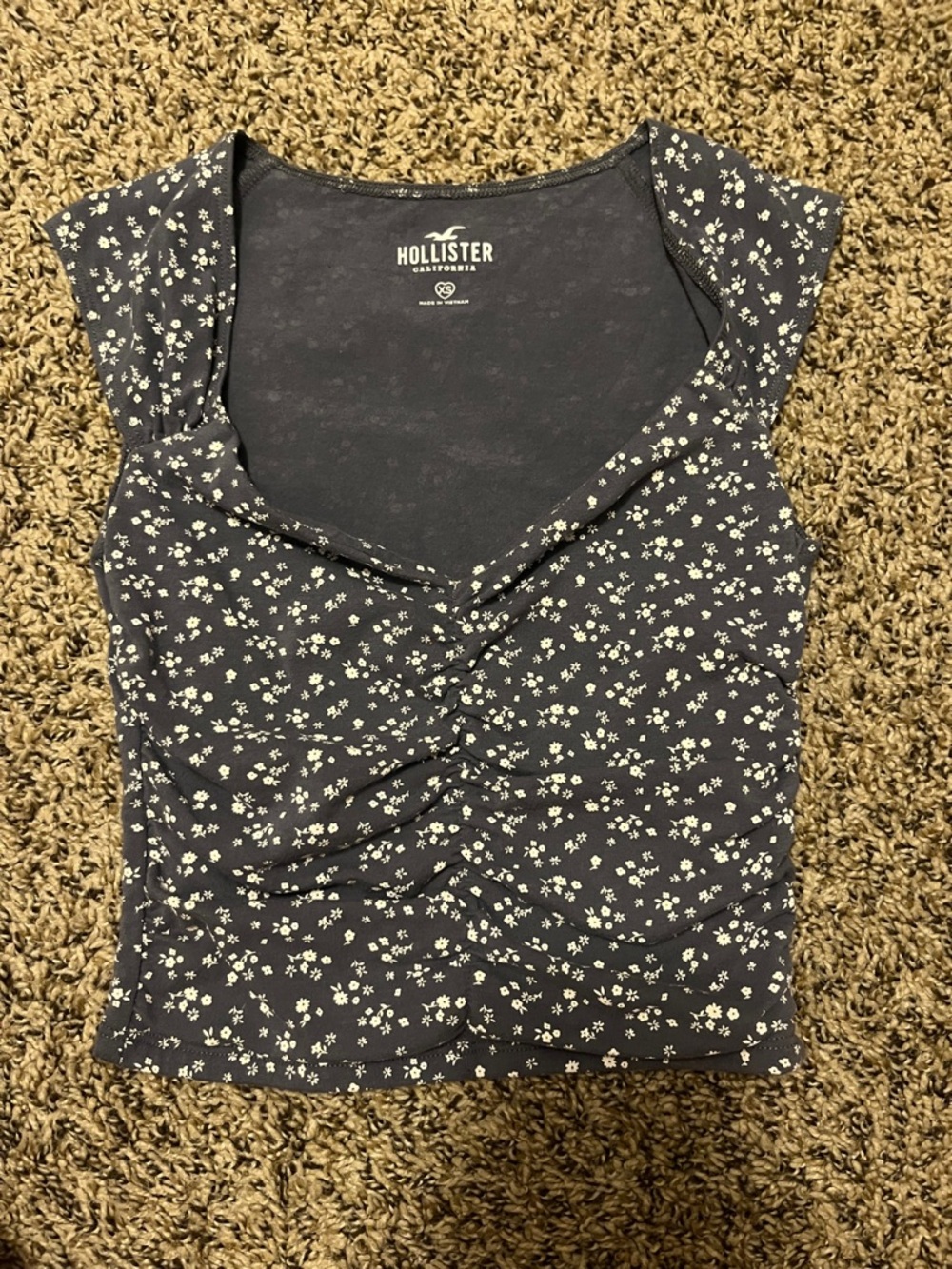 Hollister Navy Floral Ruched Cap-Sleeve Crop Top